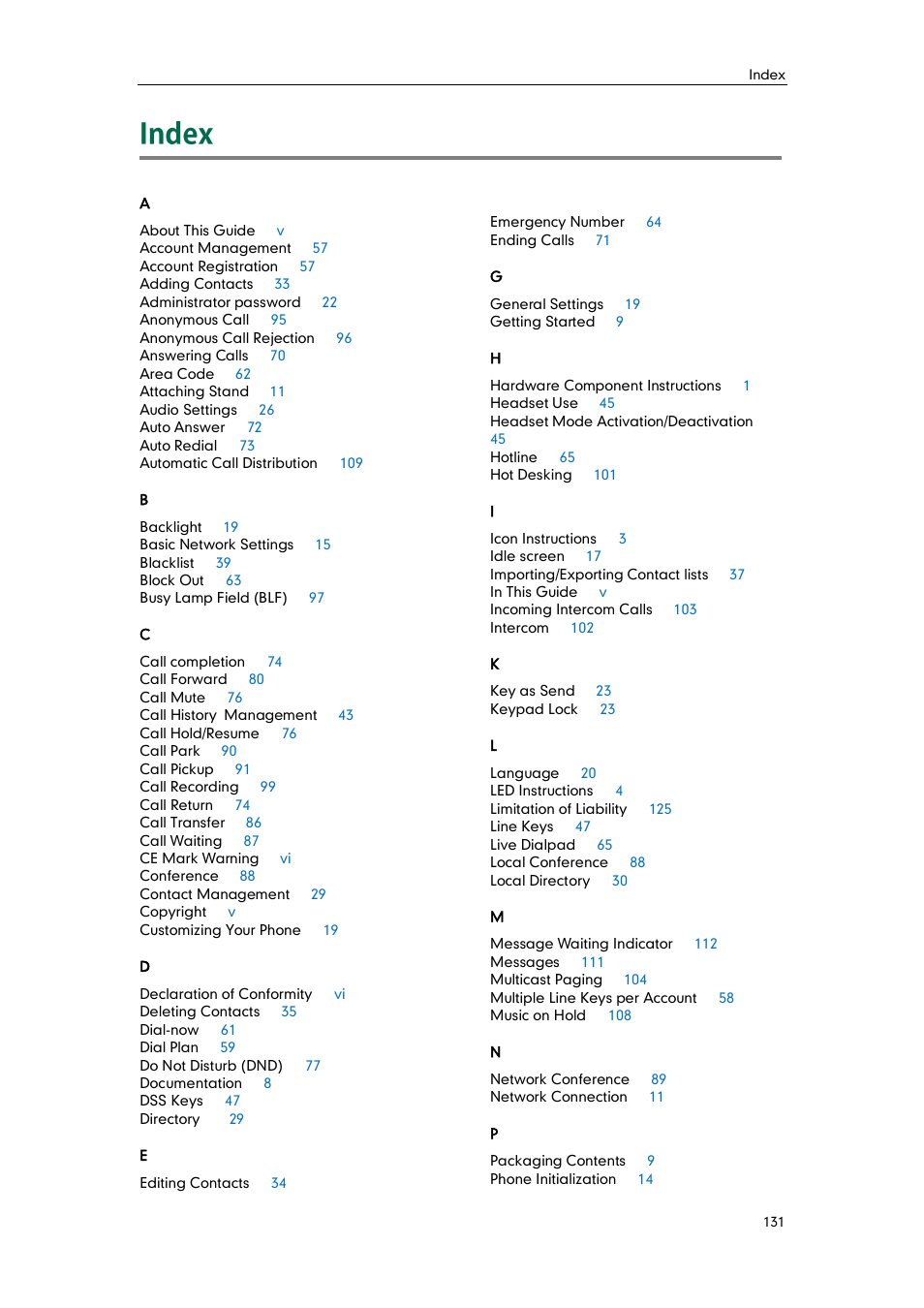 Index | Yealink SIP-T41P User Manual | Page 141 / 142