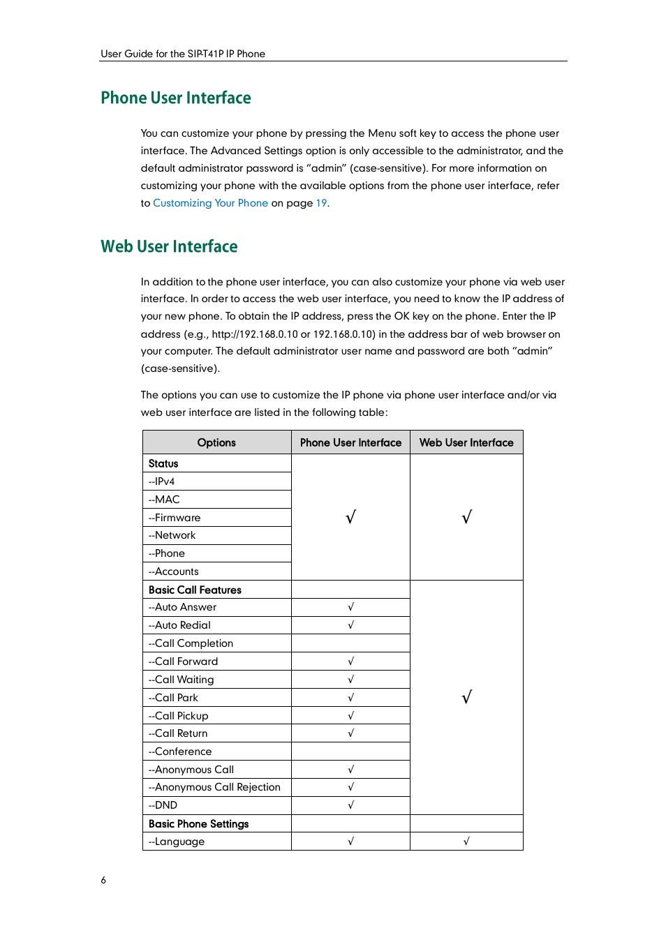 Phone user interface, Web user interface, Phone user interface web user interface | Yealink SIP-T41P User Manual | Page 16 / 142