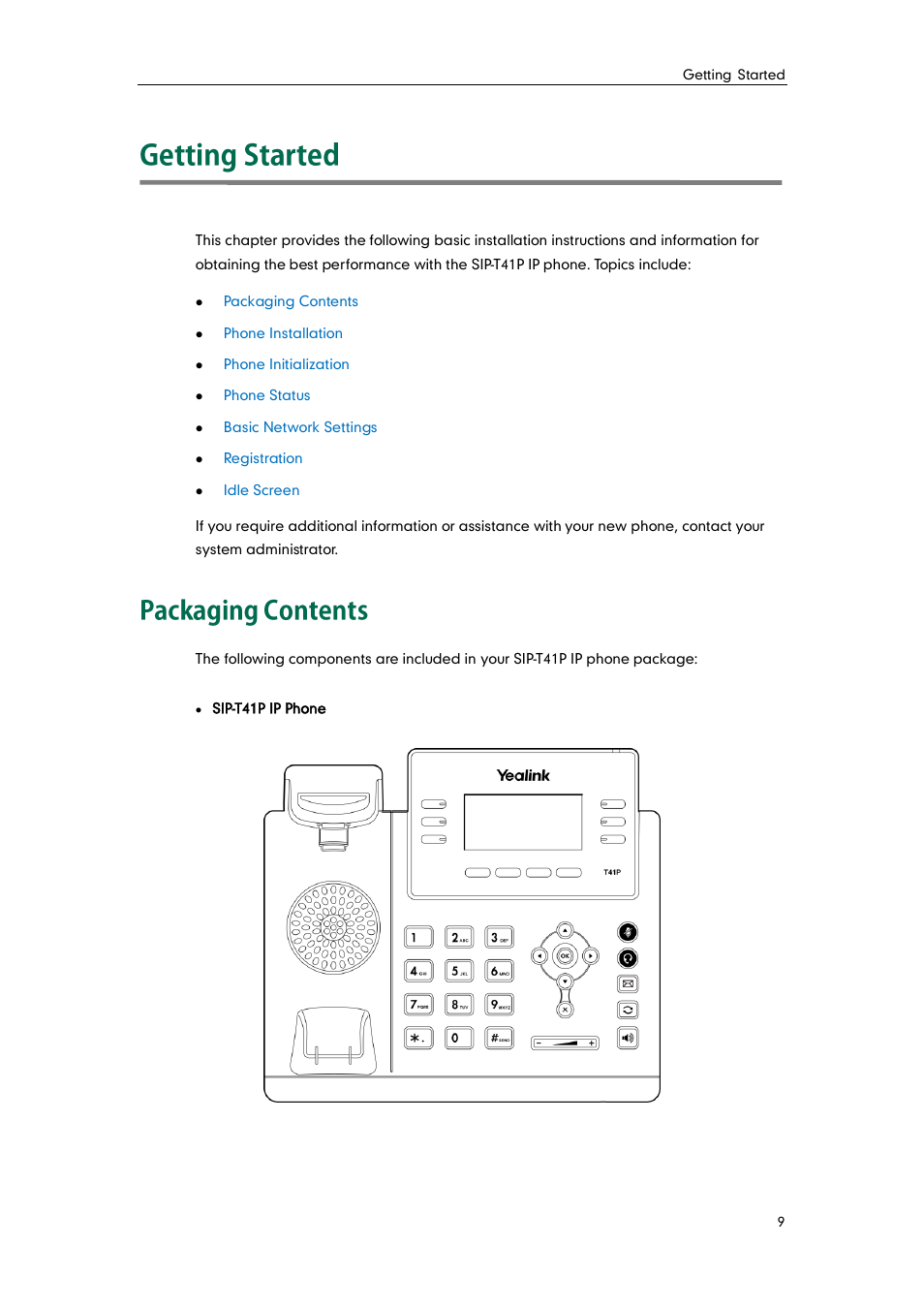Getting started, Packaging contents | Yealink SIP-T41P User Manual | Page 19 / 142