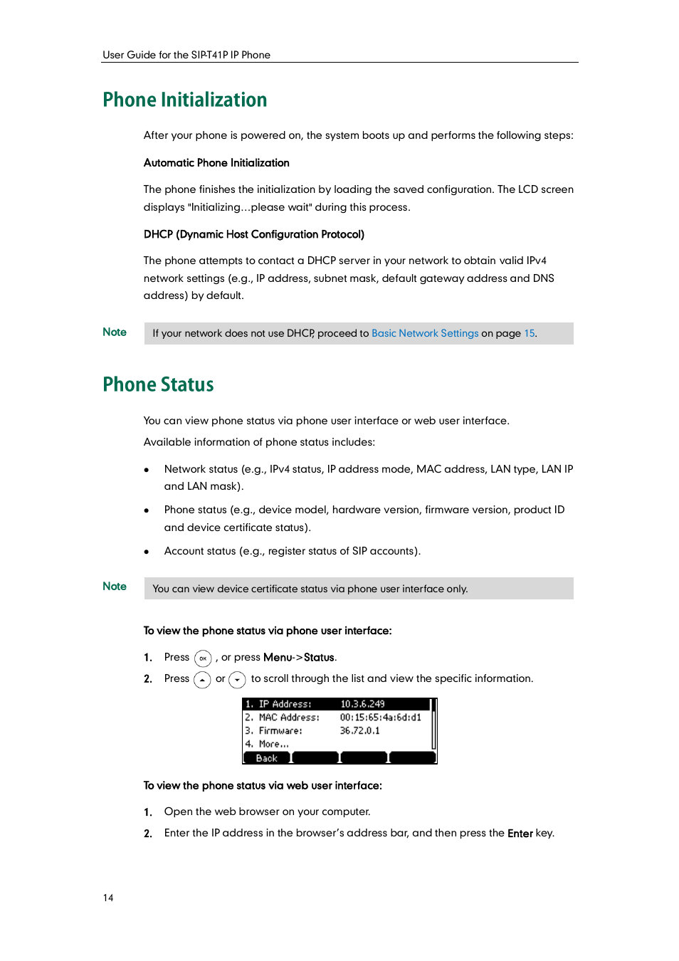 Phone initialization, Phone status, Phone initialization phone status | Yealink SIP-T41P User Manual | Page 24 / 142