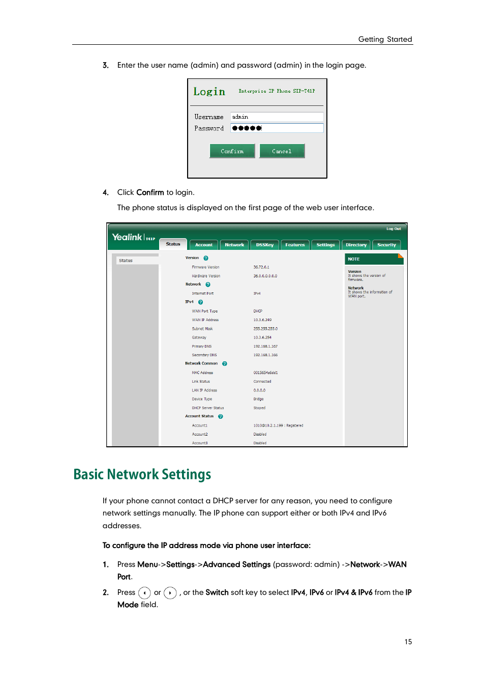 Basic network settings | Yealink SIP-T41P User Manual | Page 25 / 142