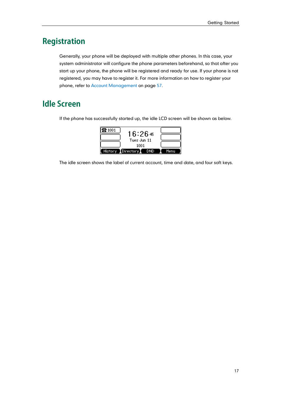 Registration, Idle screen, Registration idle screen | Yealink SIP-T41P User Manual | Page 27 / 142