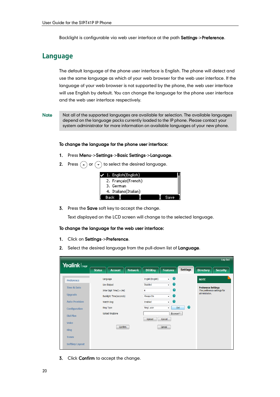 Language | Yealink SIP-T41P User Manual | Page 30 / 142