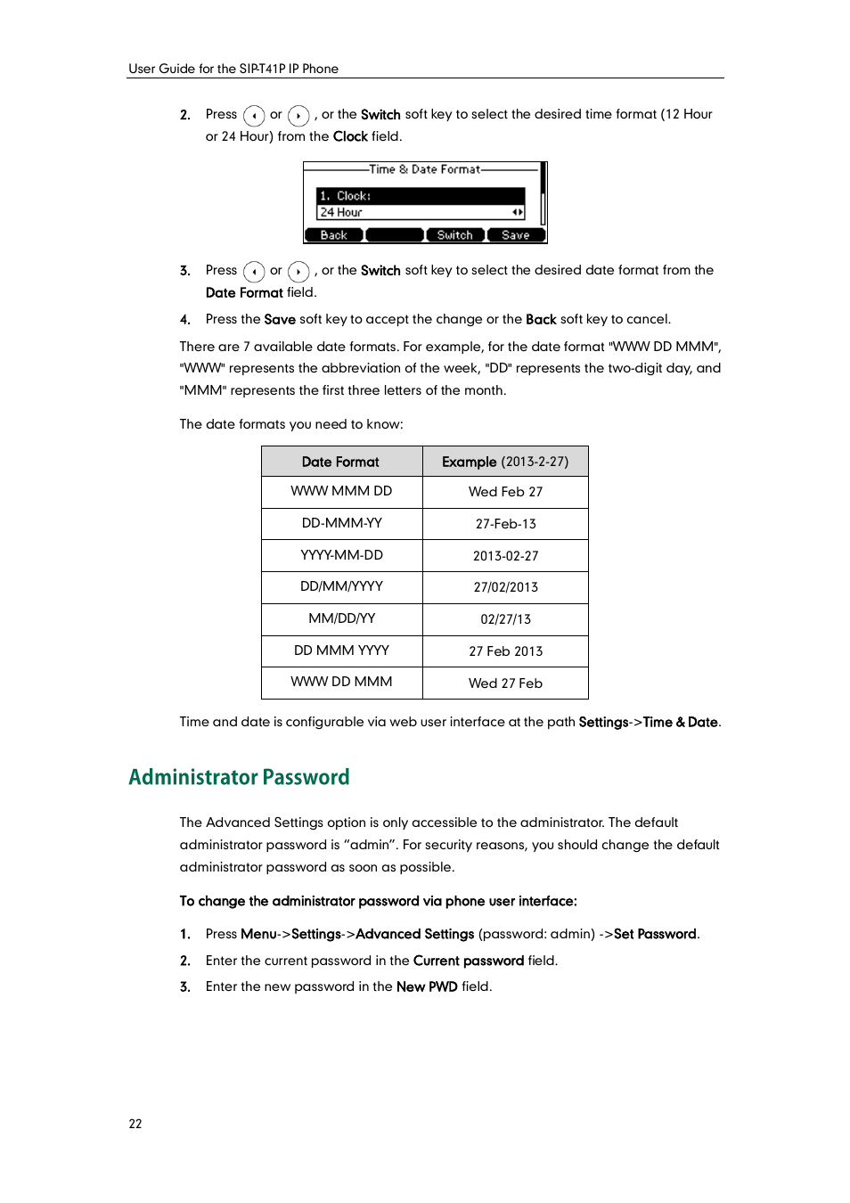 Administrator password | Yealink SIP-T41P User Manual | Page 32 / 142