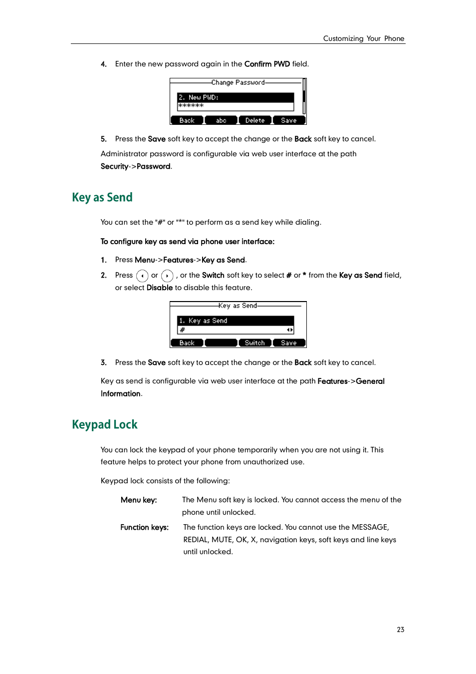 Key as send, Keypad lock, Key as send keypad lock | Yealink SIP-T41P User Manual | Page 33 / 142