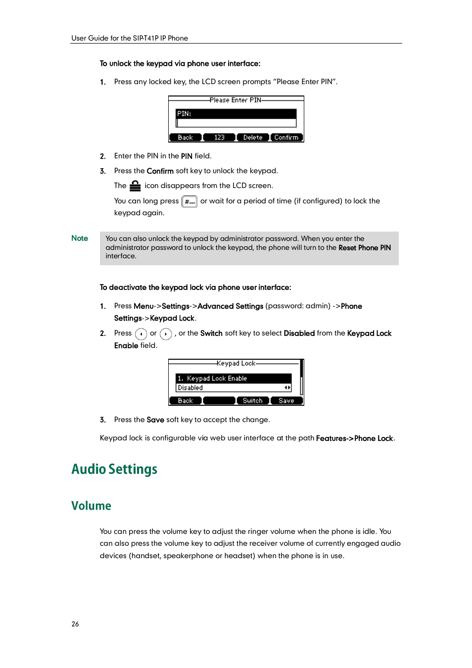 Audio settings, Volume | Yealink SIP-T41P User Manual | Page 36 / 142