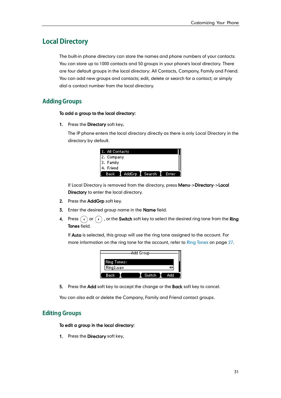 Local directory, Adding groups, Editing groups | Yealink SIP-T41P User Manual | Page 41 / 142