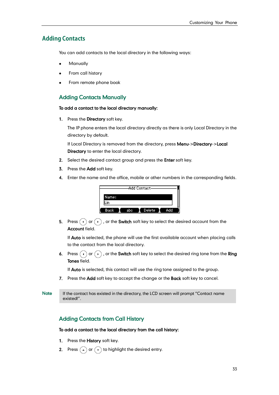 Adding contacts | Yealink SIP-T41P User Manual | Page 43 / 142