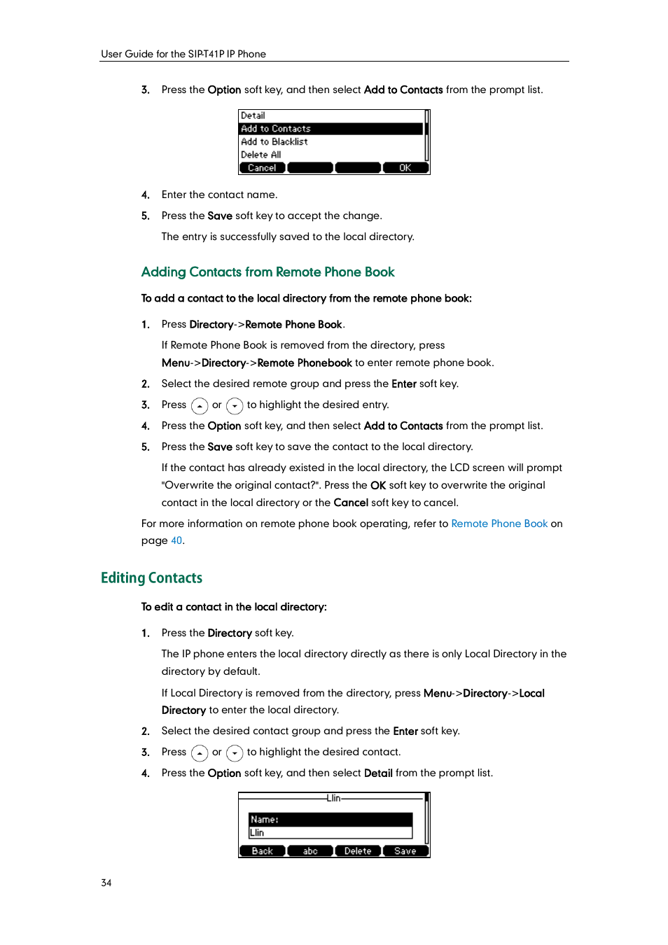 Editing contacts | Yealink SIP-T41P User Manual | Page 44 / 142