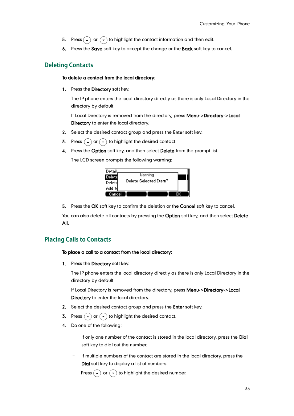 Deleting contacts, Placing calls to contacts | Yealink SIP-T41P User Manual | Page 45 / 142