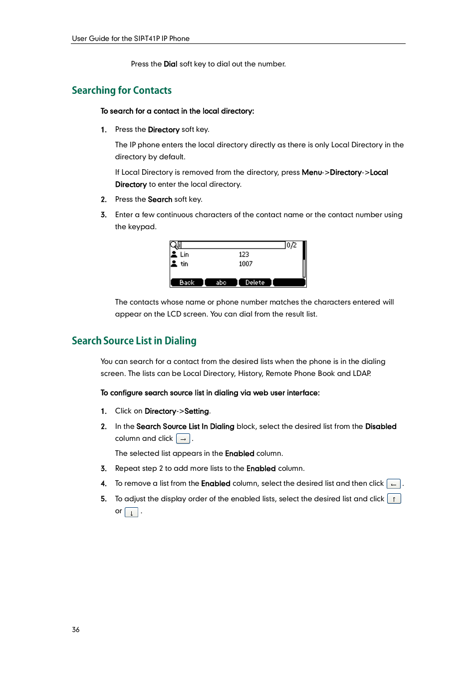 Searching for contacts, Search source list in dialing | Yealink SIP-T41P User Manual | Page 46 / 142