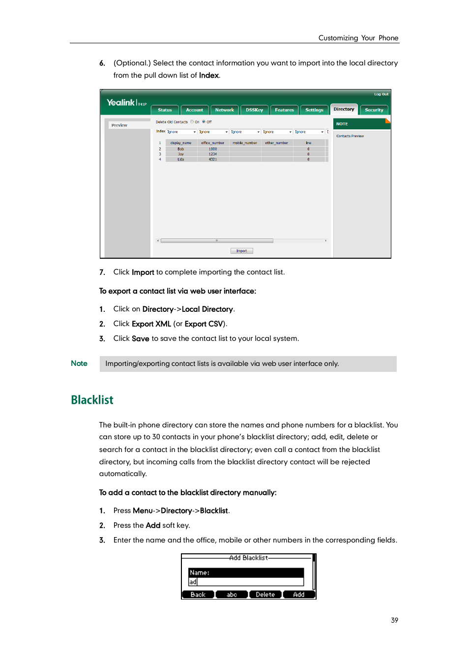 Blacklist | Yealink SIP-T41P User Manual | Page 49 / 142