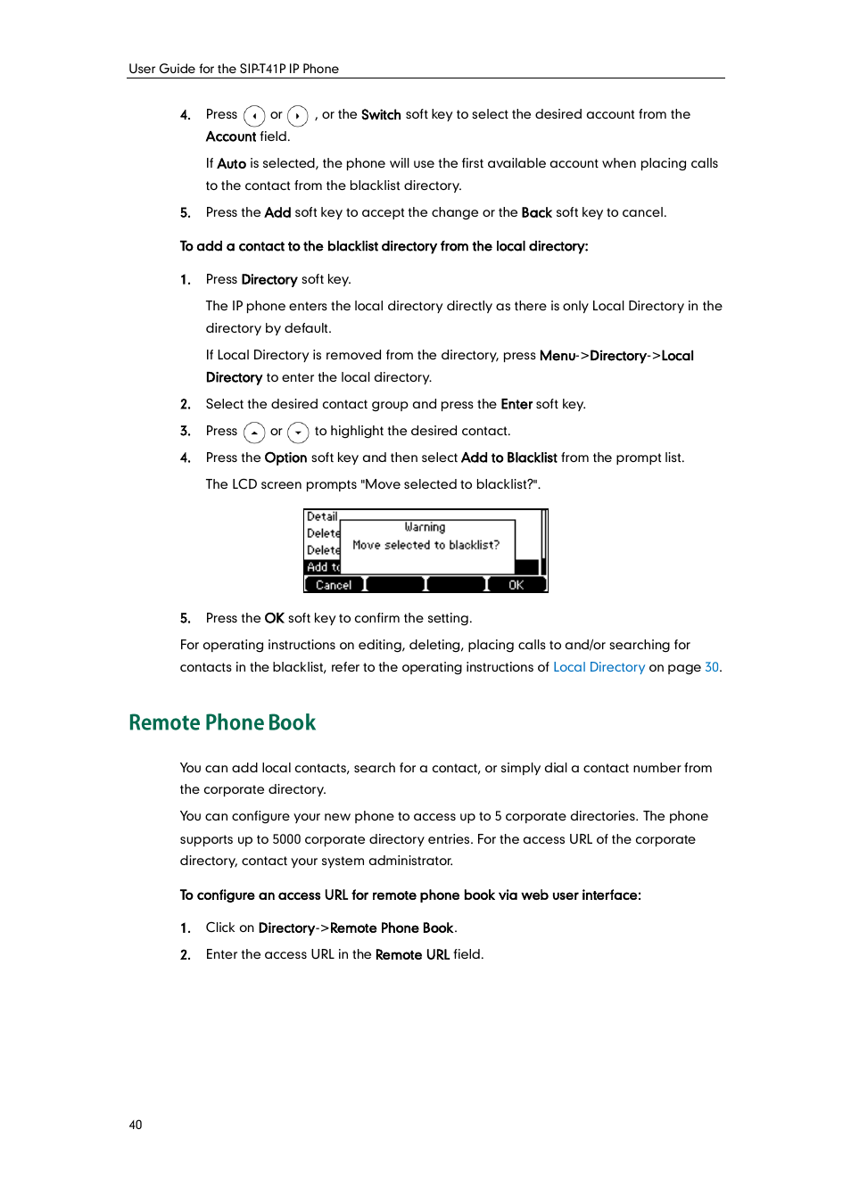 Remote phone book, Remote phone, Book | Yealink SIP-T41P User Manual | Page 50 / 142