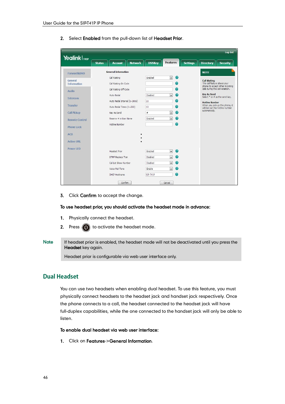 Dual headset | Yealink SIP-T41P User Manual | Page 56 / 142