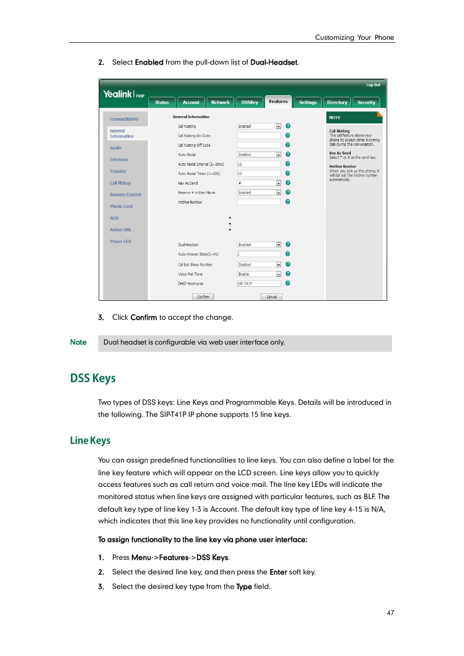 Dss keys, Line keys | Yealink SIP-T41P User Manual | Page 57 / 142