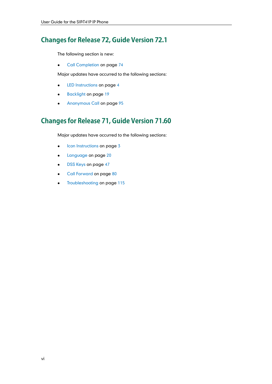 Changes for release 72, guide version 72.1, Changes for release 71, guide version 71.60 | Yealink SIP-T41P User Manual | Page 6 / 142