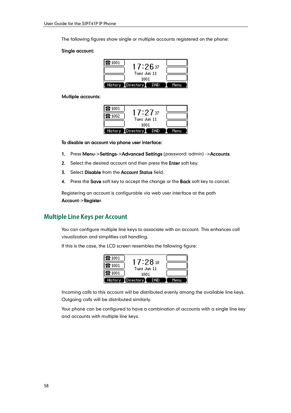 Multiple line keys per account | Yealink SIP-T41P User Manual | Page 68 / 142