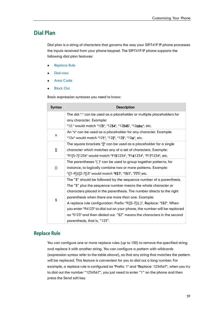 Dial plan, Replace rule | Yealink SIP-T41P User Manual | Page 69 / 142