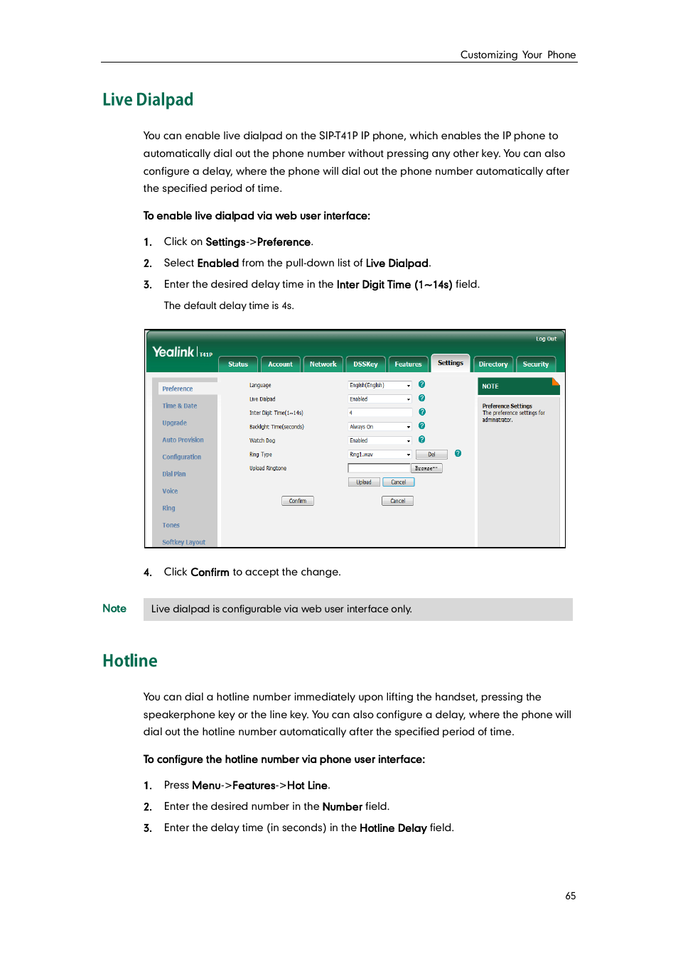 Live dialpad, Hotline, Live dialpad hotline | Yealink SIP-T41P User Manual | Page 75 / 142