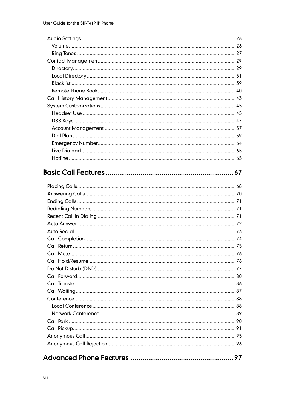 Basic call features, Advanced phone features | Yealink SIP-T41P User Manual | Page 8 / 142