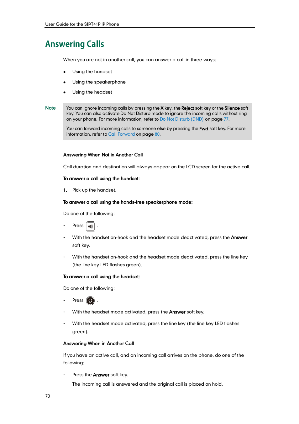 Answering calls, Answering, Calls | Yealink SIP-T41P User Manual | Page 80 / 142