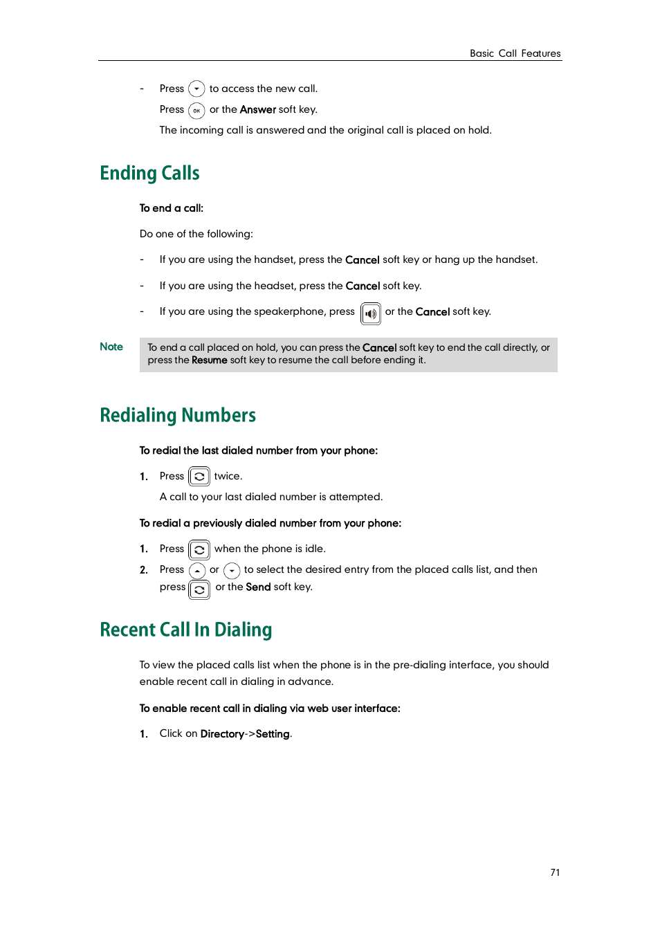 Ending calls, Redialing numbers, Recent call in dialing | Yealink SIP-T41P User Manual | Page 81 / 142