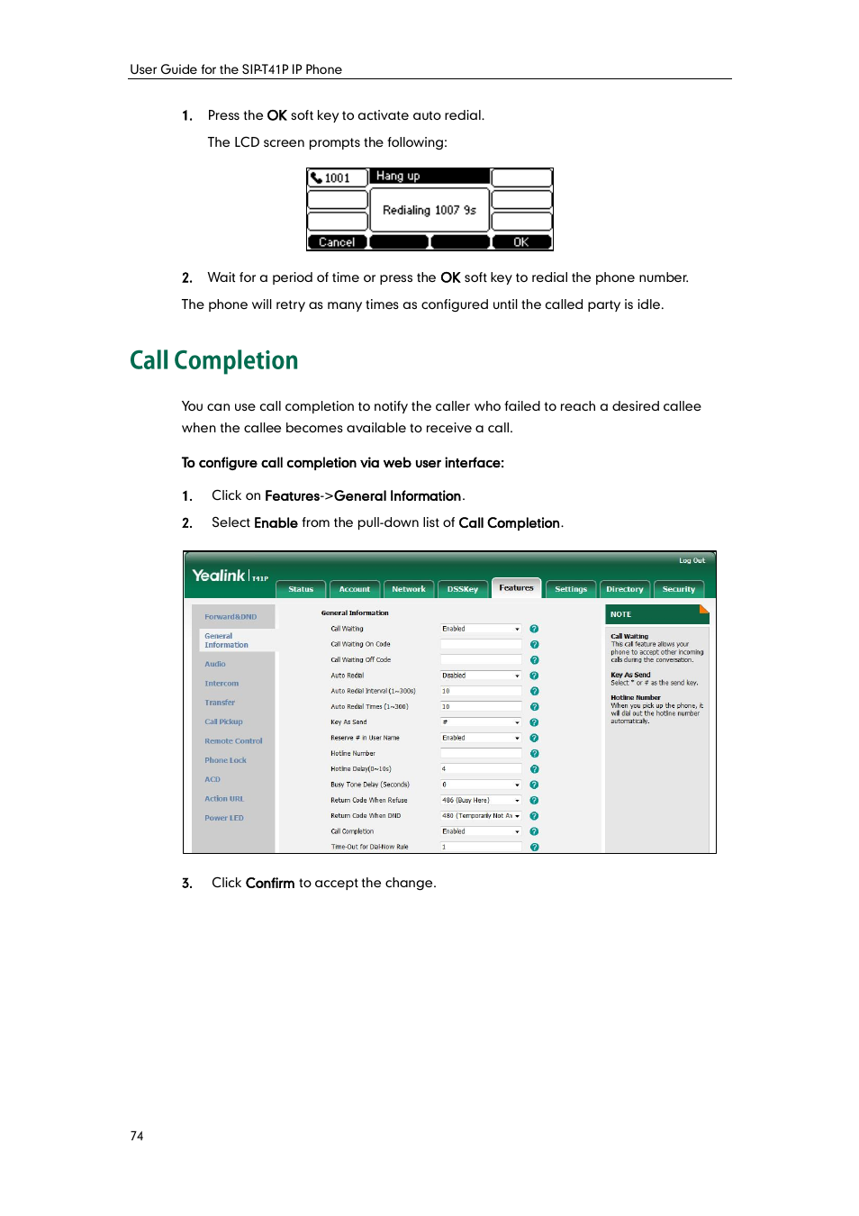 Call completion | Yealink SIP-T41P User Manual | Page 84 / 142