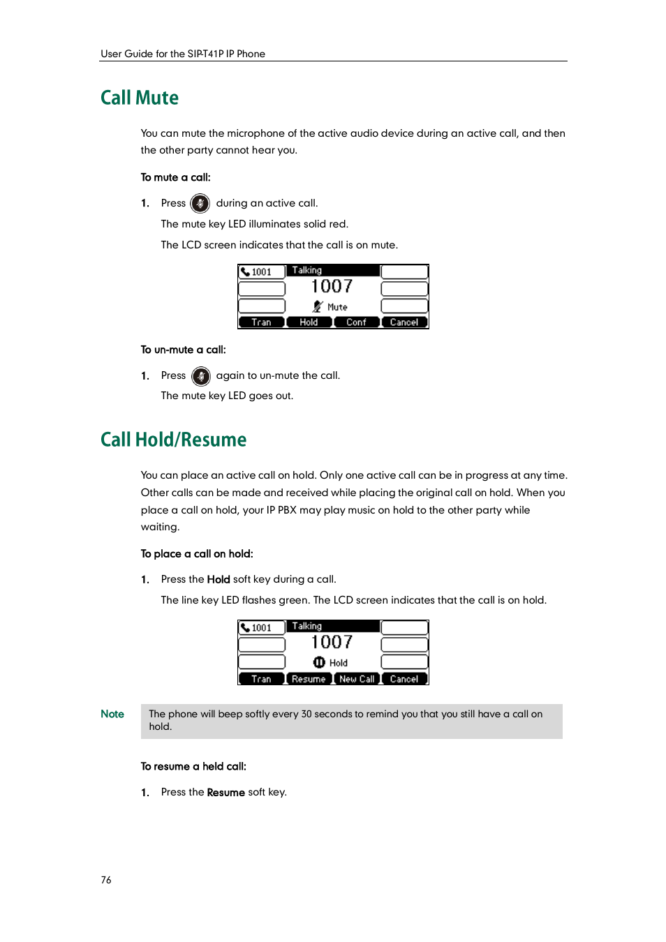 Call mute, Call hold/resume, Call mute call hold/resume | Yealink SIP-T41P User Manual | Page 86 / 142