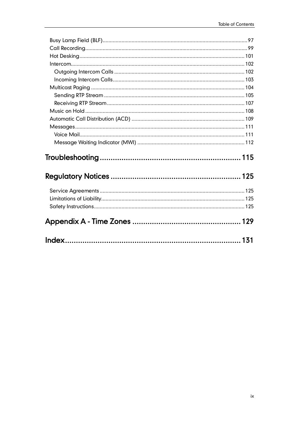 Troubleshooting, Regulatory notices, Appendix a - time zones | Index | Yealink SIP-T41P User Manual | Page 9 / 142