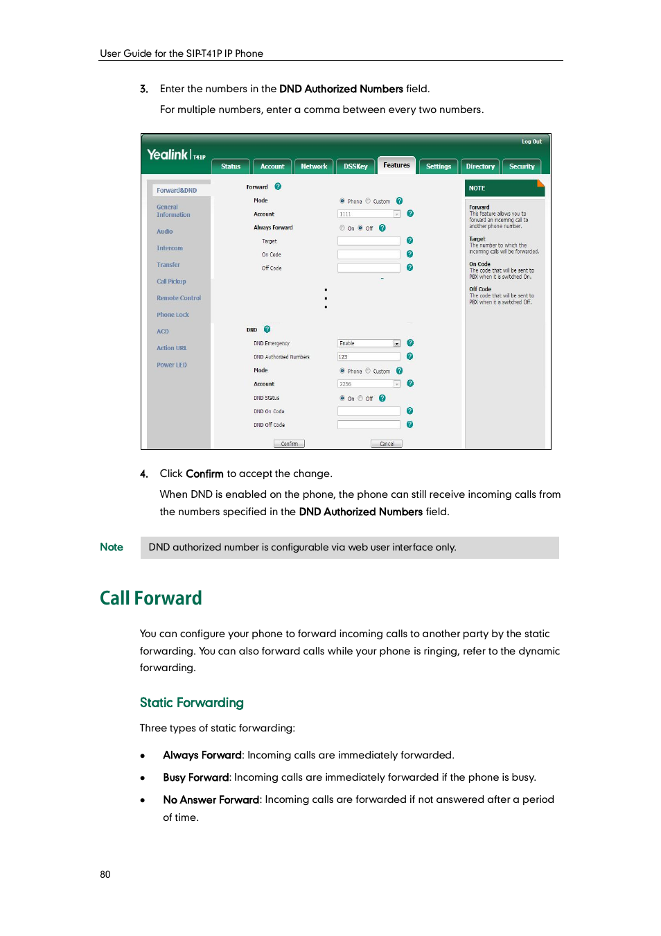 Call forward, Static forwarding | Yealink SIP-T41P User Manual | Page 90 / 142