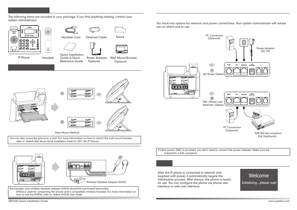 Welcome, Ehs36, Startup | Packaging contents assembling the phone | Yealink SIP-T42G User Manual | Page 2 / 2