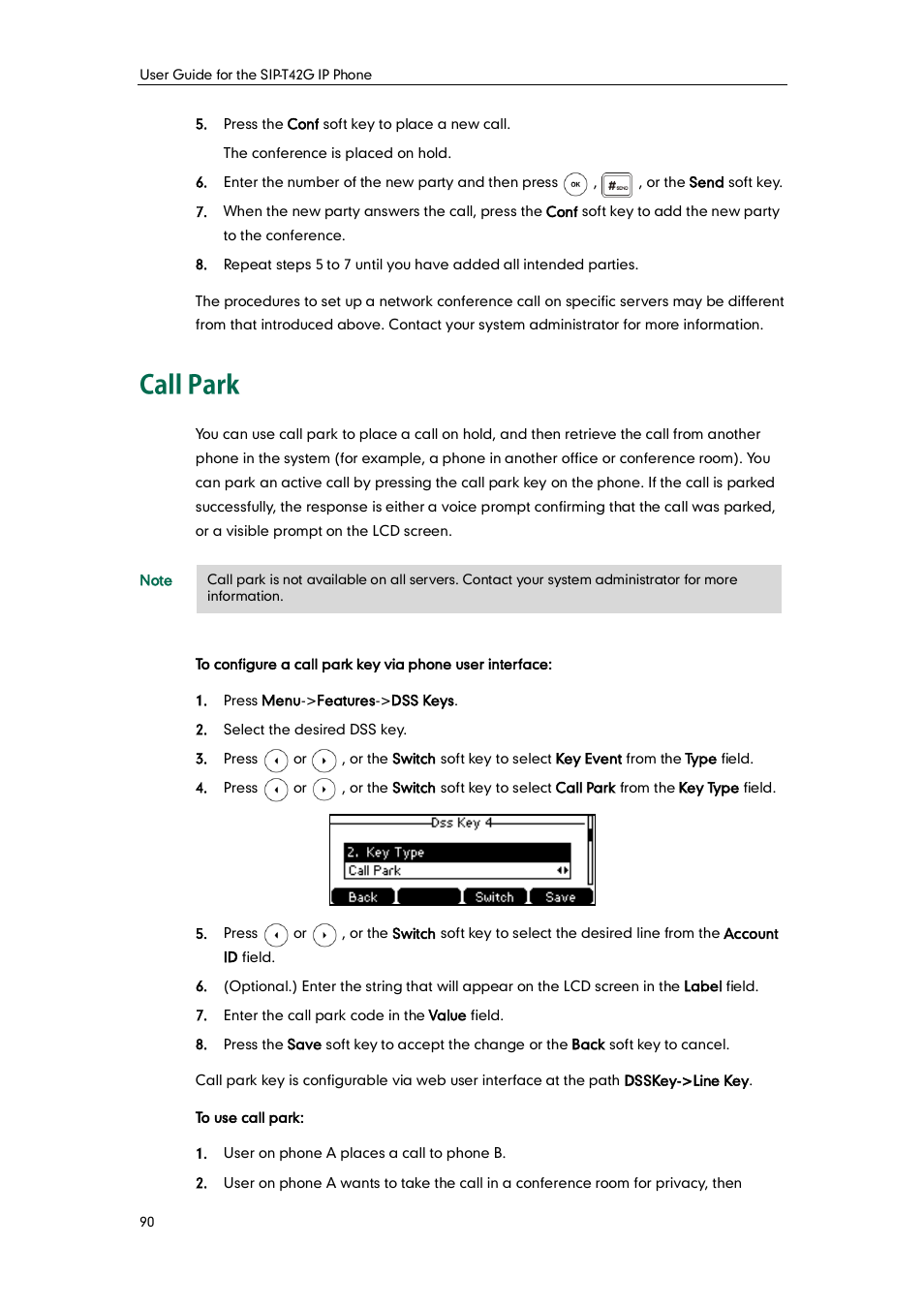 Call park | Yealink SIP-T42G User Manual | Page 100 / 142