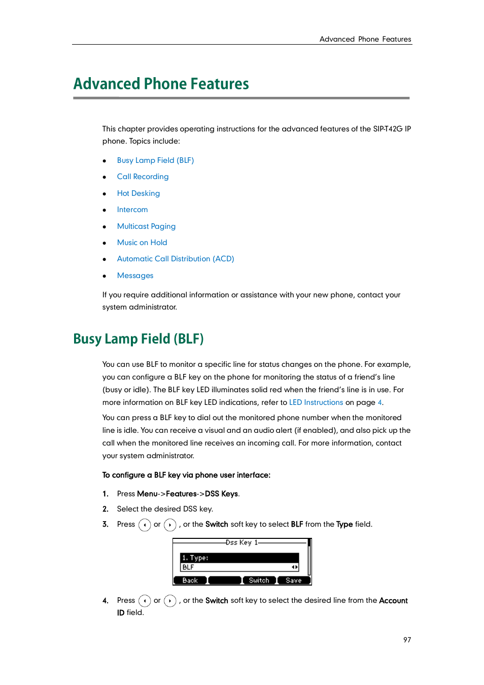 Advanced phone features, Busy lamp field (blf) | Yealink SIP-T42G User Manual | Page 107 / 142
