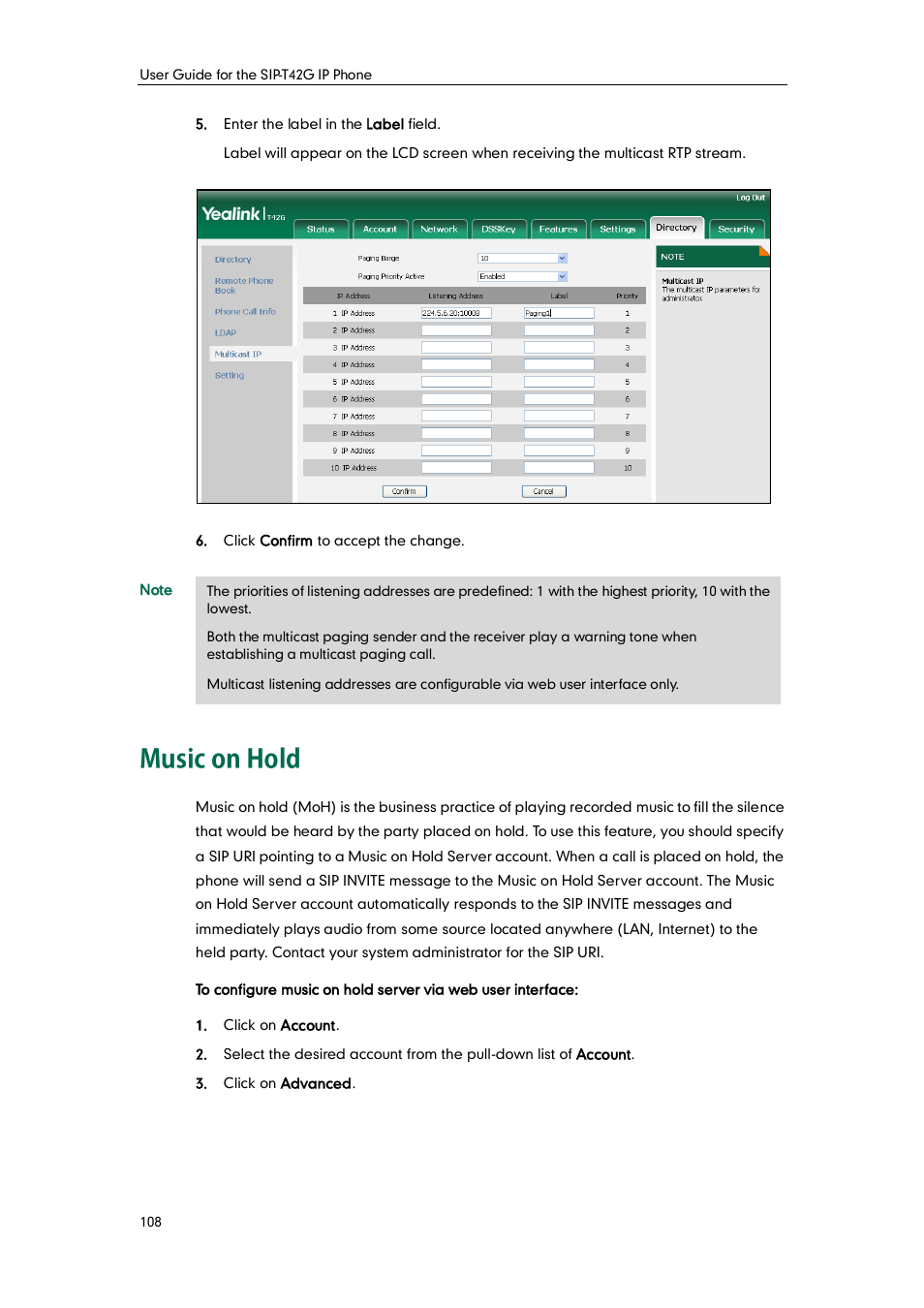 Music on hold | Yealink SIP-T42G User Manual | Page 118 / 142