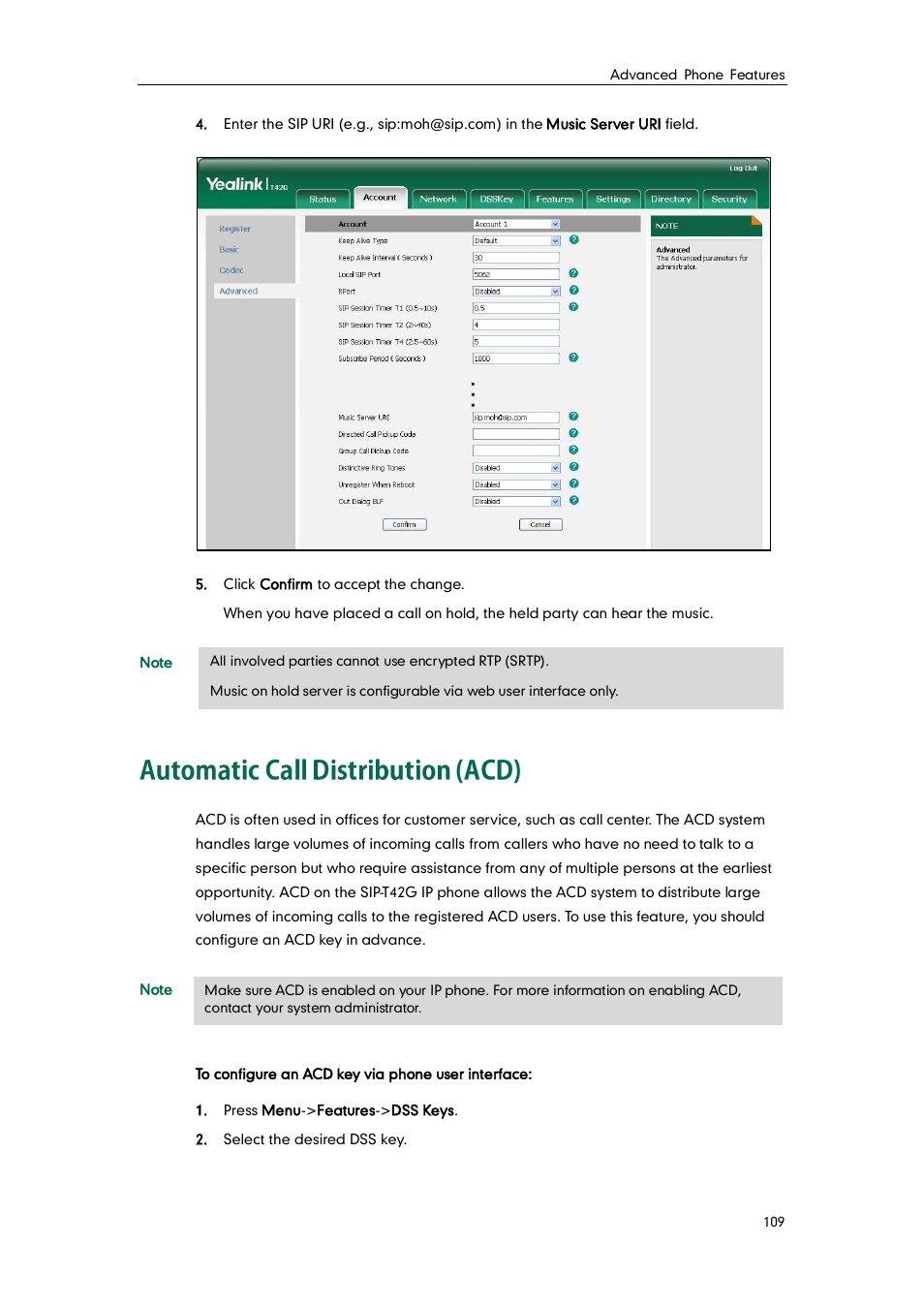 Automatic call distribution (acd) | Yealink SIP-T42G User Manual | Page 119 / 142