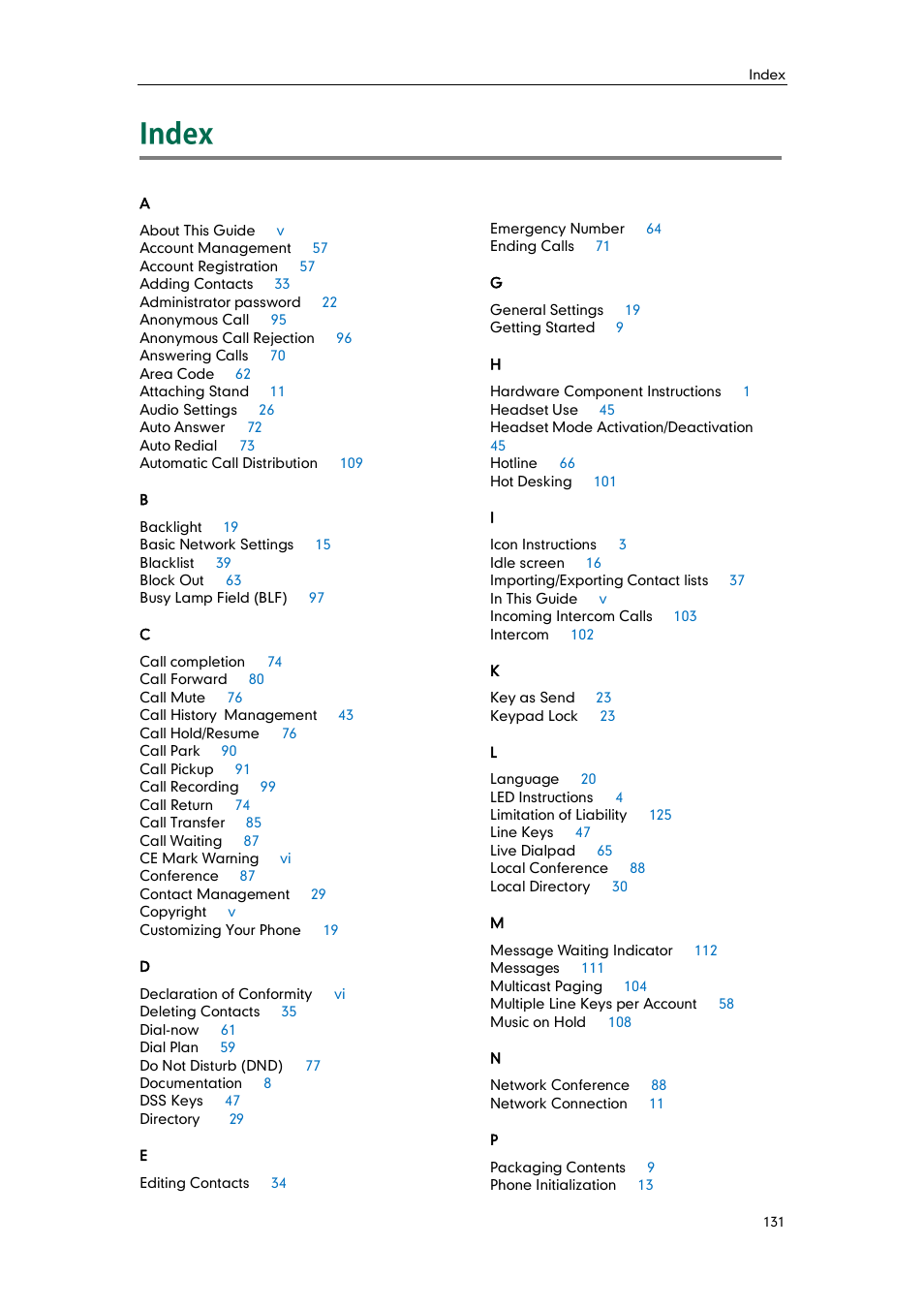 Index | Yealink SIP-T42G User Manual | Page 141 / 142