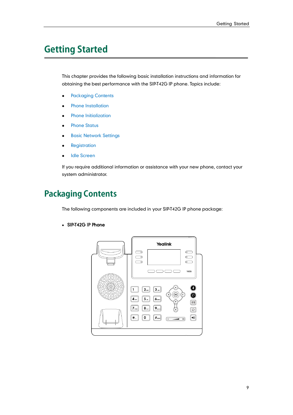 Getting started, Packaging contents | Yealink SIP-T42G User Manual | Page 19 / 142
