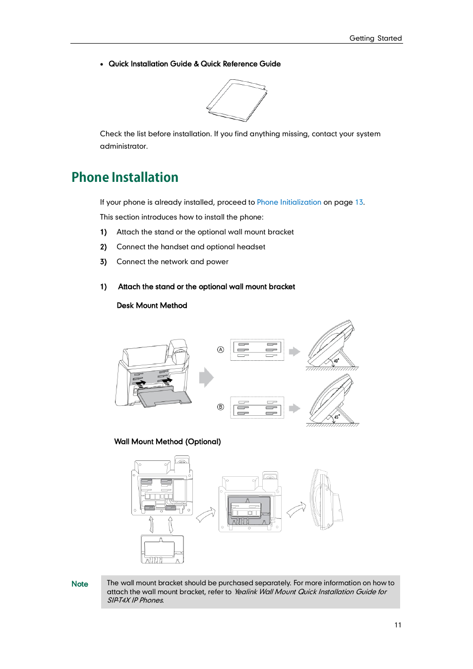 Phone installation | Yealink SIP-T42G User Manual | Page 21 / 142