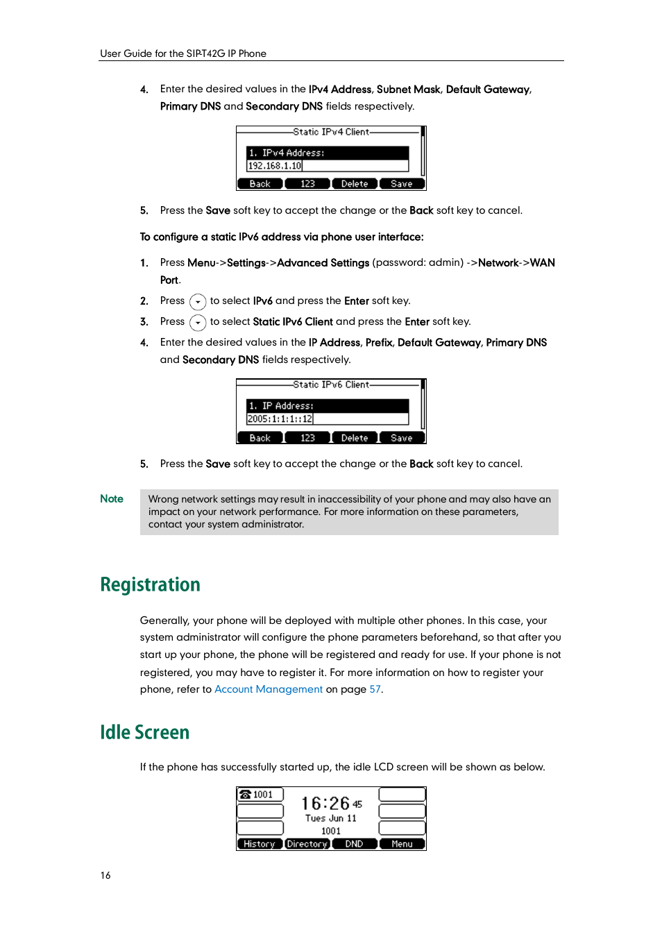 Registration, Idle screen, Registration idle screen | Yealink SIP-T42G User Manual | Page 26 / 142