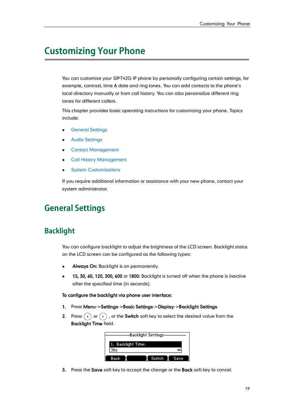 Customizing your phone, General settings, Backlight | Yealink SIP-T42G User Manual | Page 29 / 142