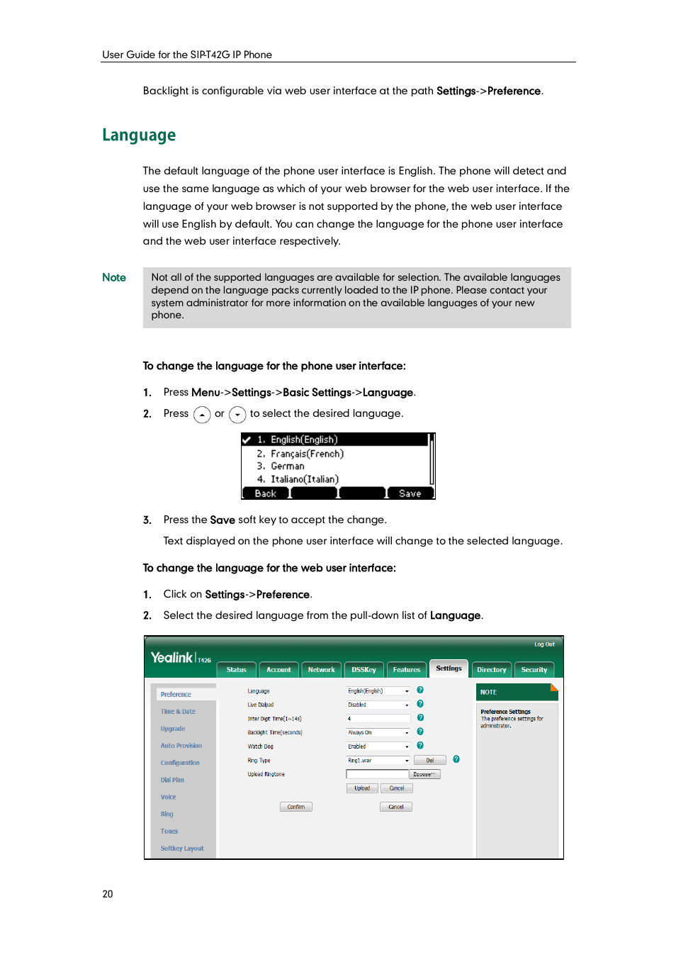 Language | Yealink SIP-T42G User Manual | Page 30 / 142