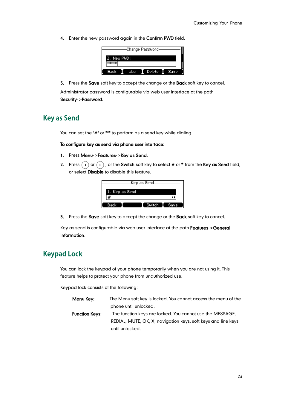 Key as send, Keypad lock | Yealink SIP-T42G User Manual | Page 33 / 142