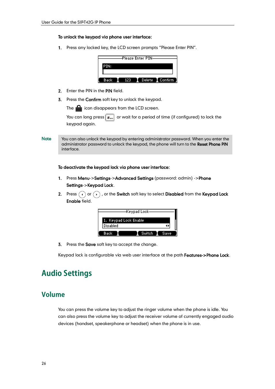 Audio settings, Volume | Yealink SIP-T42G User Manual | Page 36 / 142