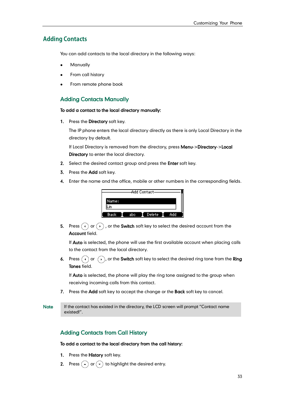 Adding contacts | Yealink SIP-T42G User Manual | Page 43 / 142