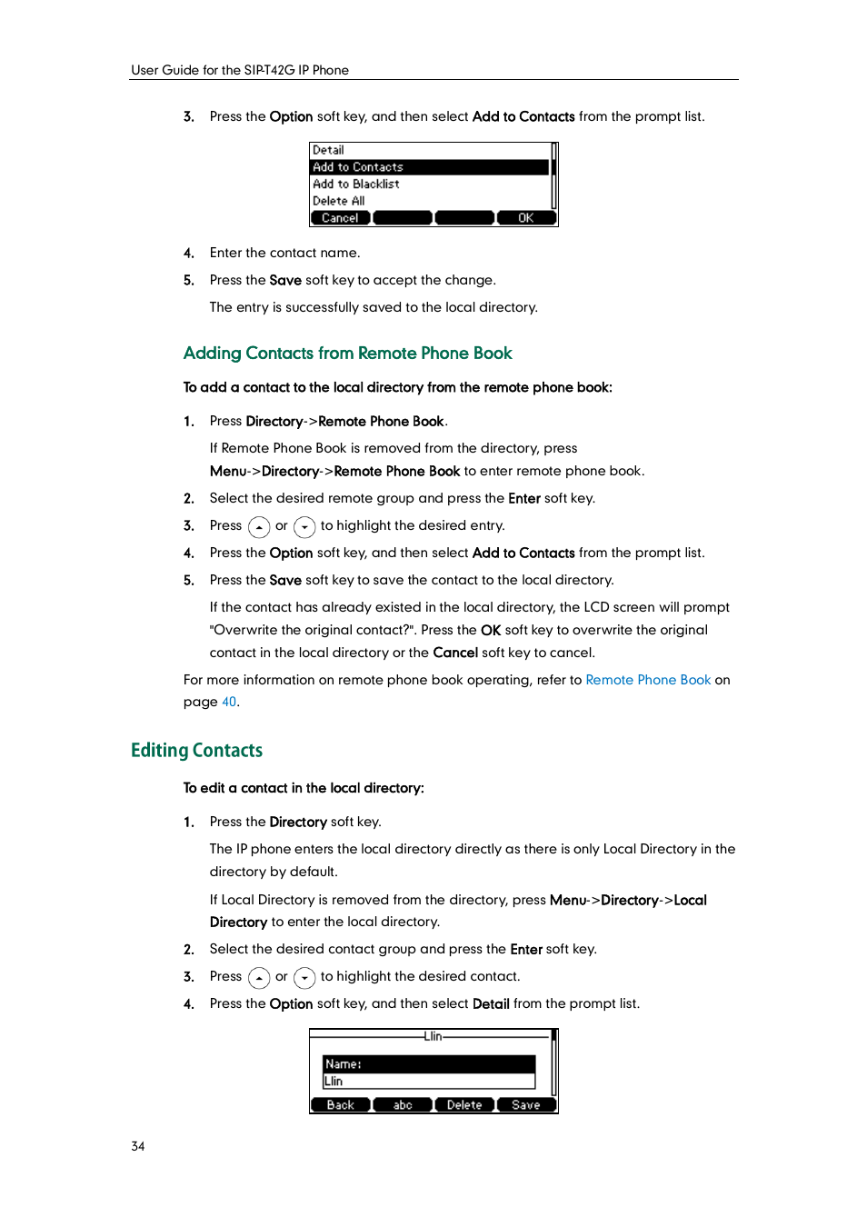 Editing contacts | Yealink SIP-T42G User Manual | Page 44 / 142