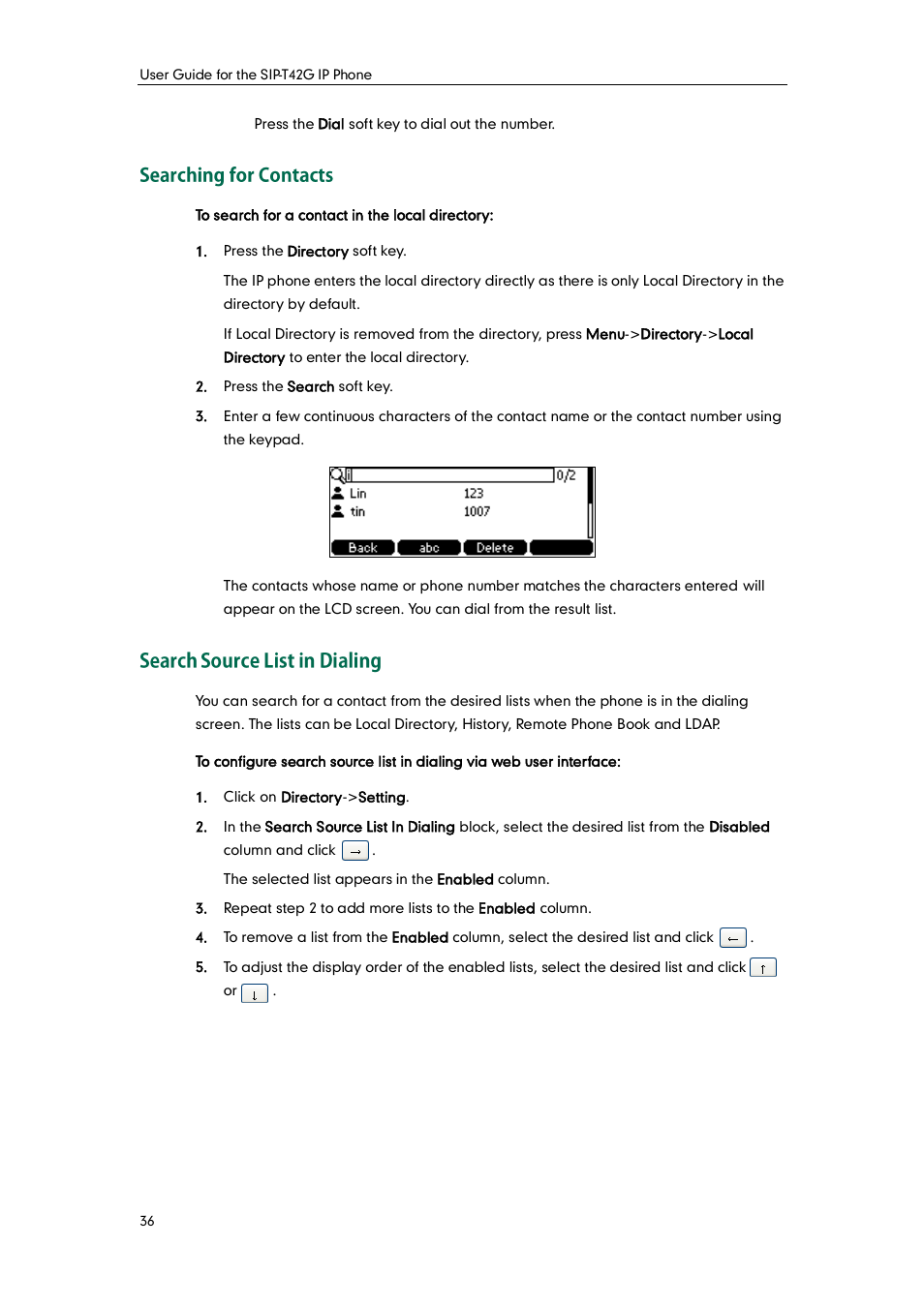 Searching for contacts, Search source list in dialing | Yealink SIP-T42G User Manual | Page 46 / 142