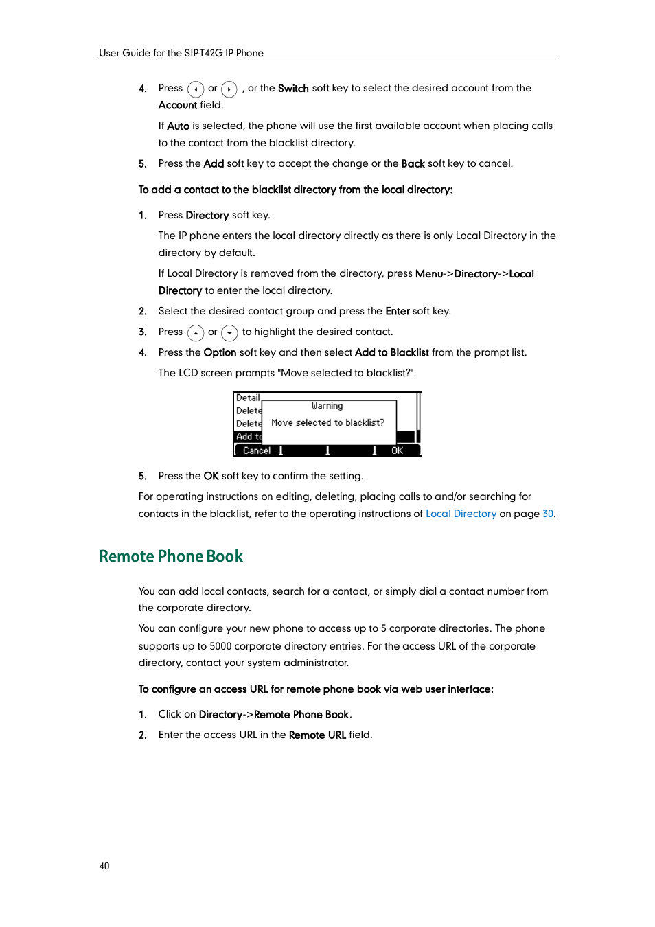 Remote phone book, Remote phone, Book | Yealink SIP-T42G User Manual | Page 50 / 142