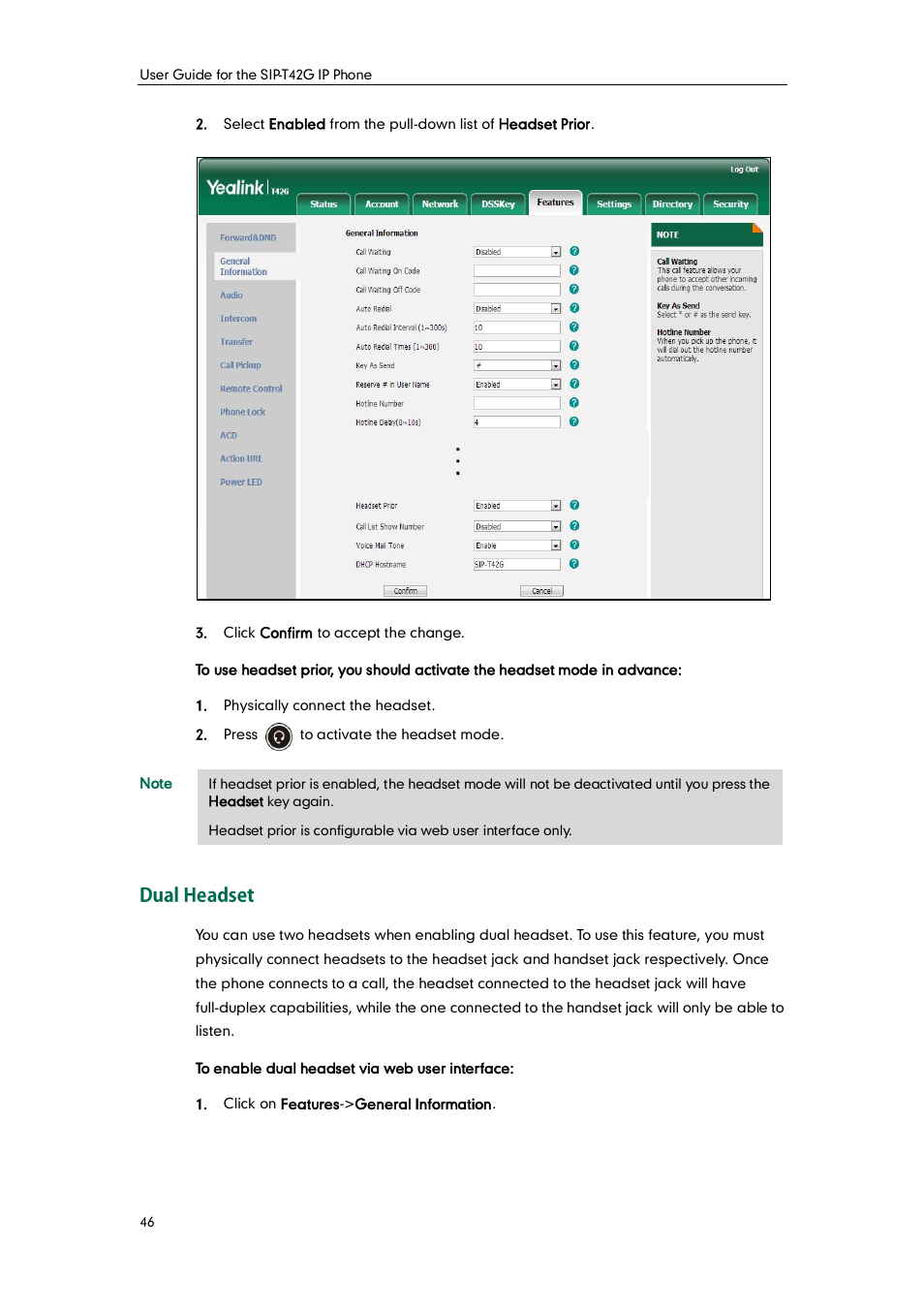 Dual headset | Yealink SIP-T42G User Manual | Page 56 / 142