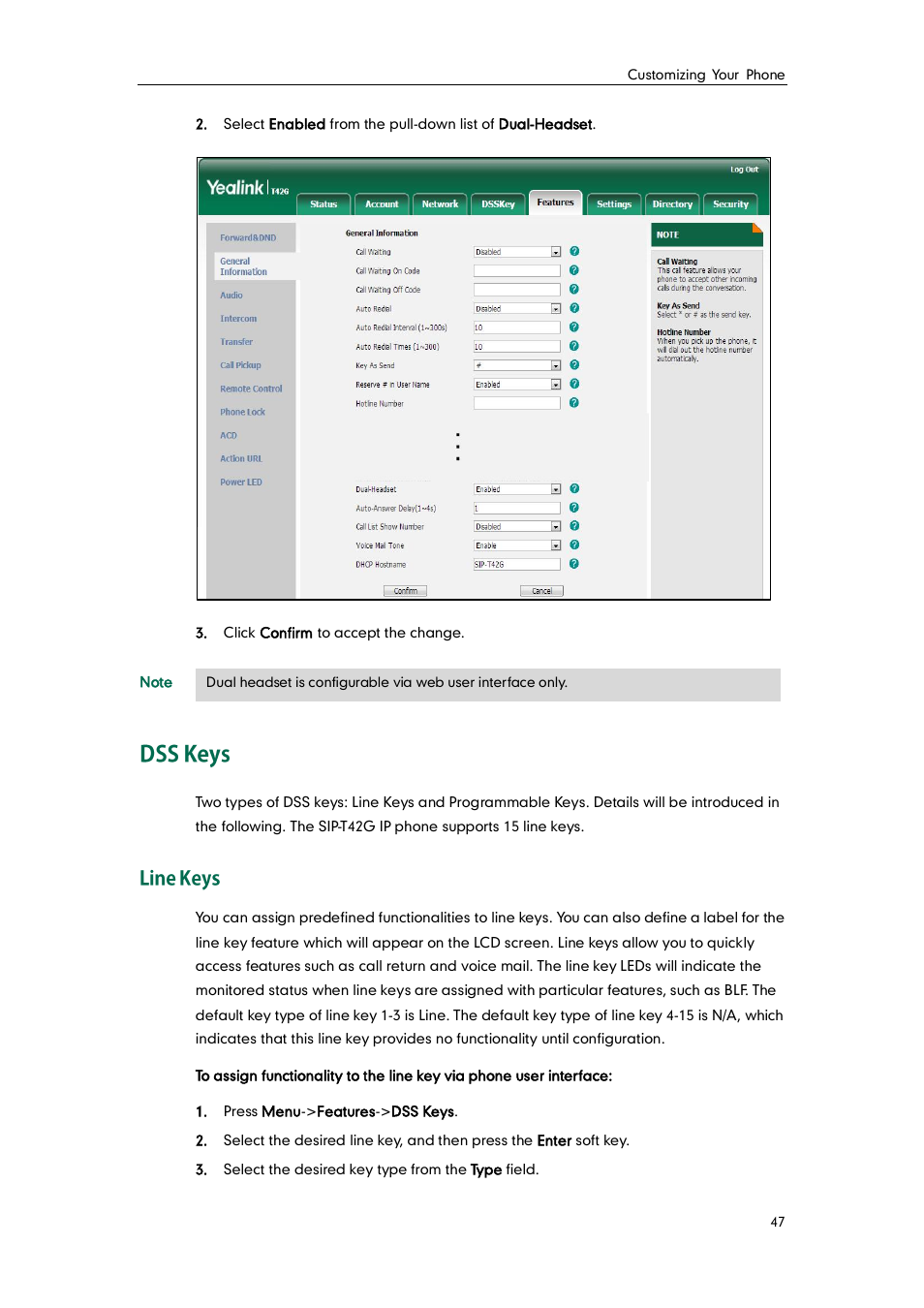 Dss keys, Line keys | Yealink SIP-T42G User Manual | Page 57 / 142