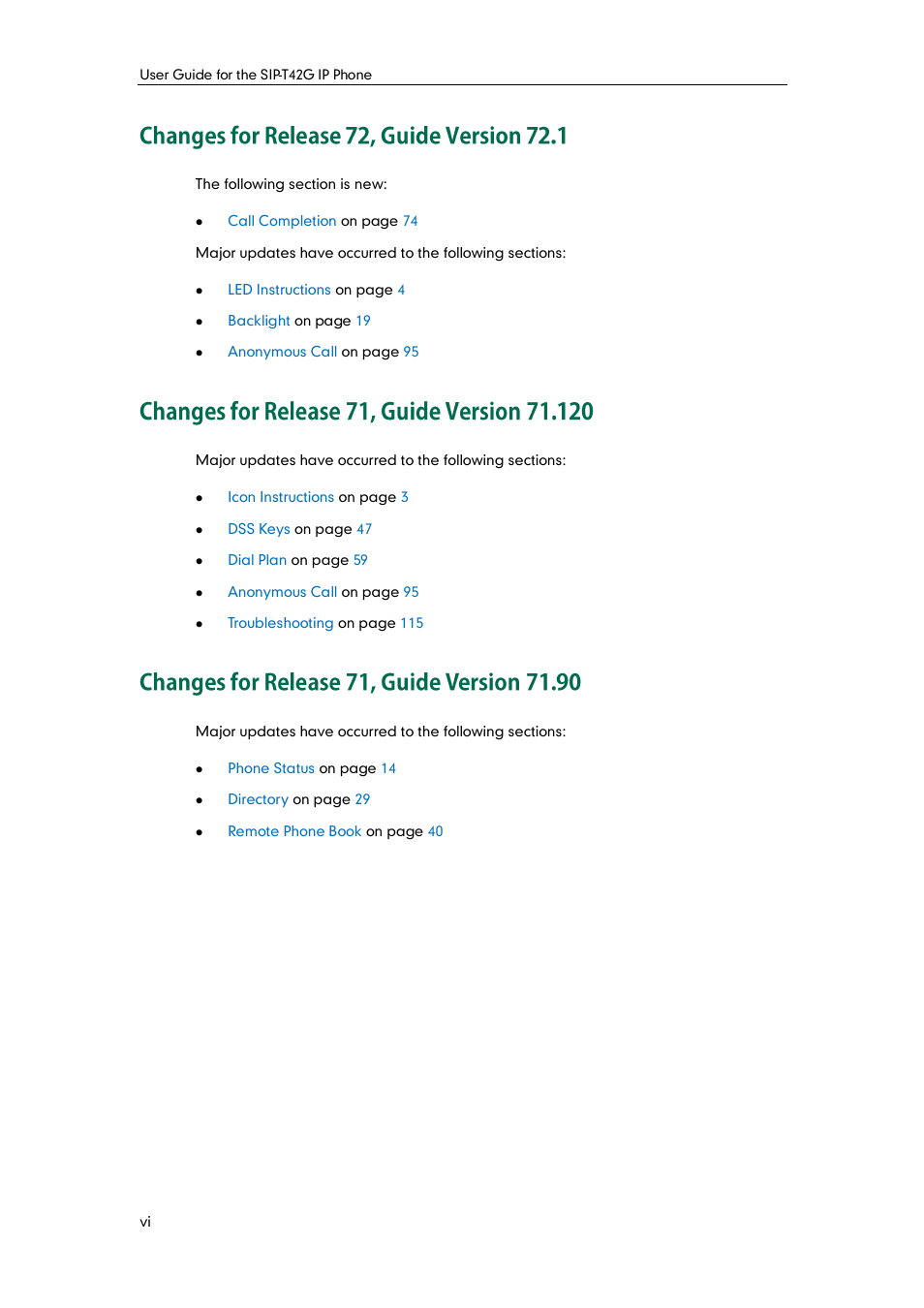 Changes for release 72, guide version 72.1, Changes for release 71, guide version 71.120, Changes for release 71, guide version 71.90 | Yealink SIP-T42G User Manual | Page 6 / 142